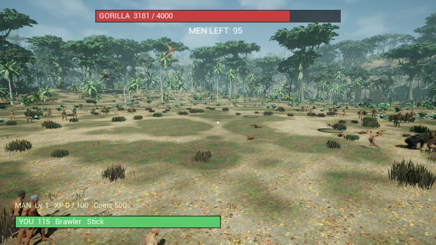 A wave of men charging the gorilla across the jungle clearing